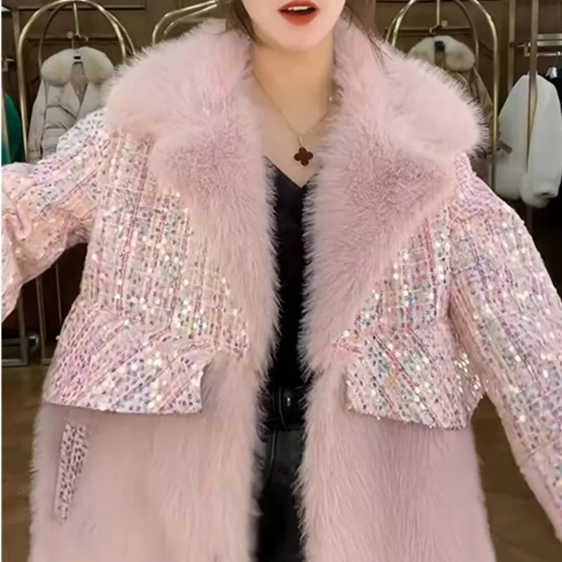 Faux Fur Coat for Women,Spliced Jacket, Sequins Overcoat, Loose Thicken Warm Coat, High Quality, Female Winter, New, 2024