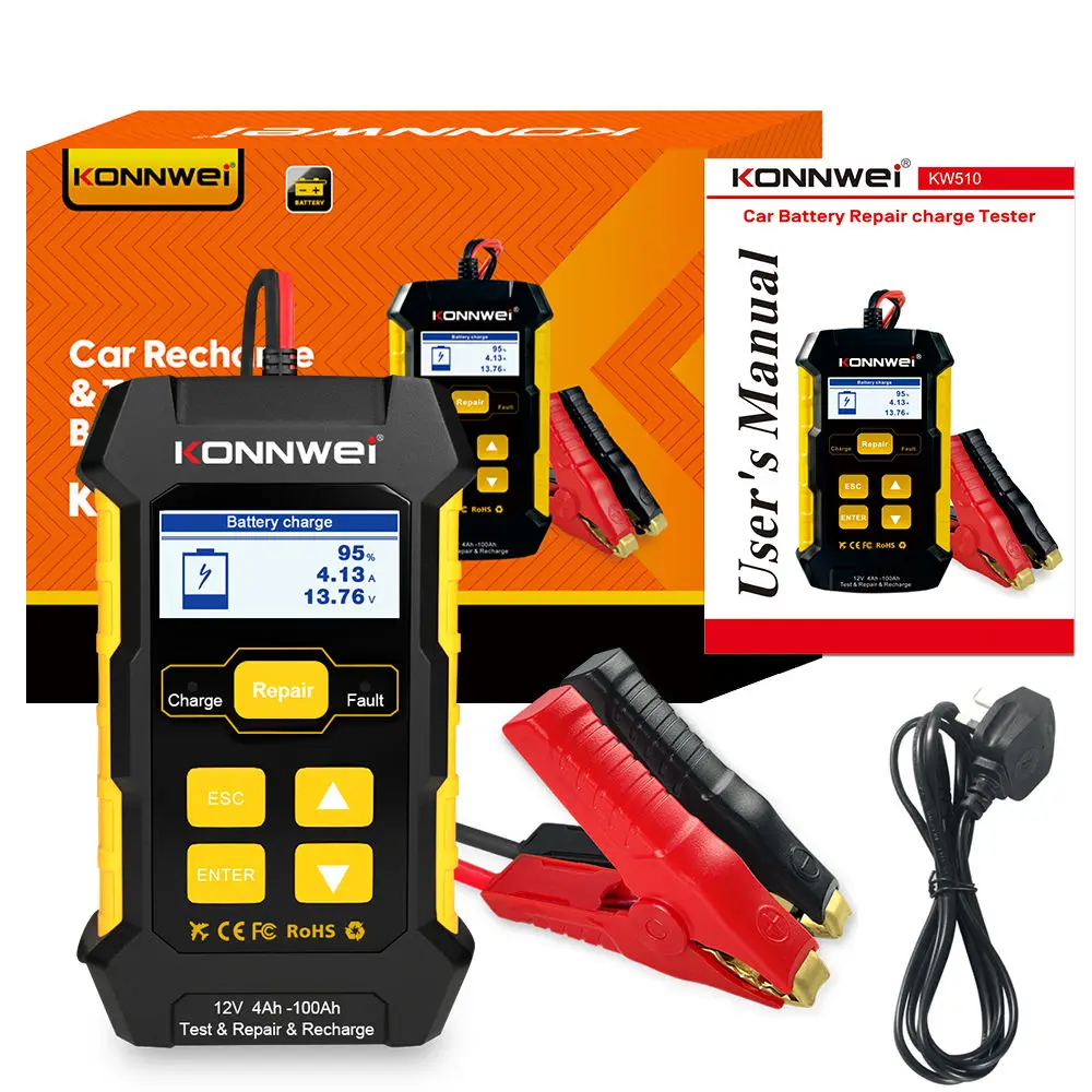 KONNWEI KW510 Battery Tester 12V Car 5A Battery Charger Pulse Repair Wet Dry AGM Gel Lead Acid Car Repair Tool