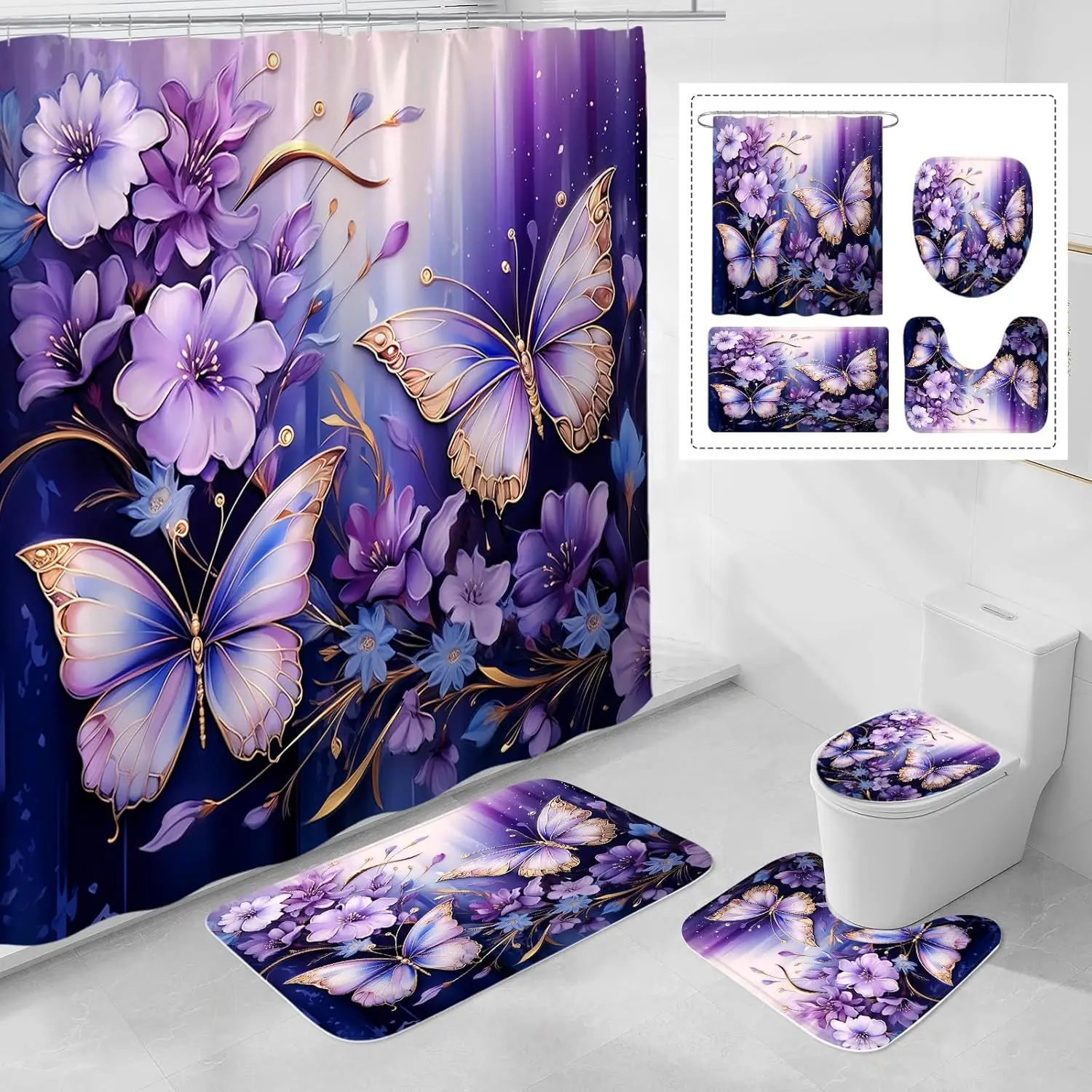 

4 Pcs Purple Floral Butterfly Shower Curtain Set with Non-Slip Rugs, Modern Toilet Lid Cover and Bath Mat, Elegant Bathr