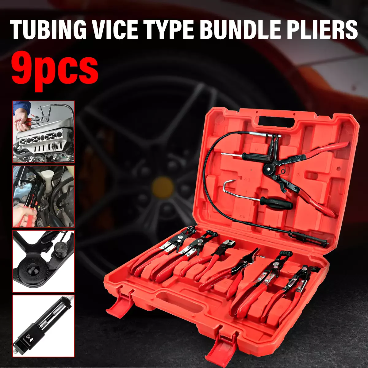 9PC Hose Clamp Pliers Kit Long Reach Car Water Fuel Oil Locking Removal Tool Set