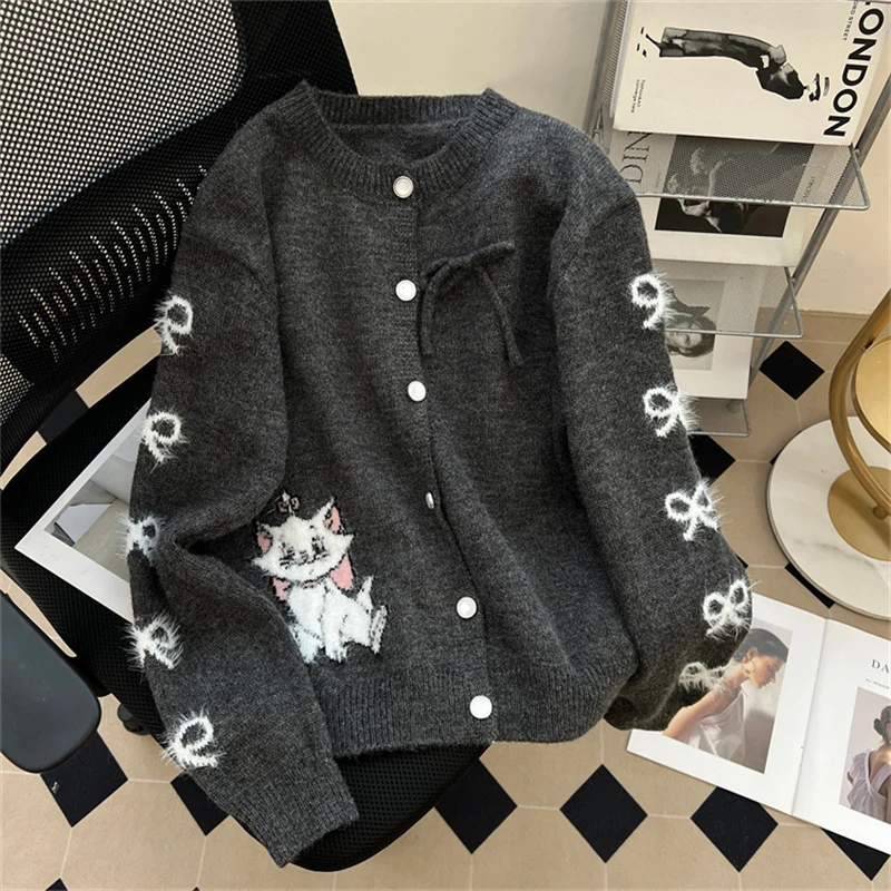 

Bomon Casual Embroidery Cartoon Kitten Bow Loose Knit Cardigan 2024 Autumn/Winter New Slouchy Thickened Sweater Coat Women 2000s