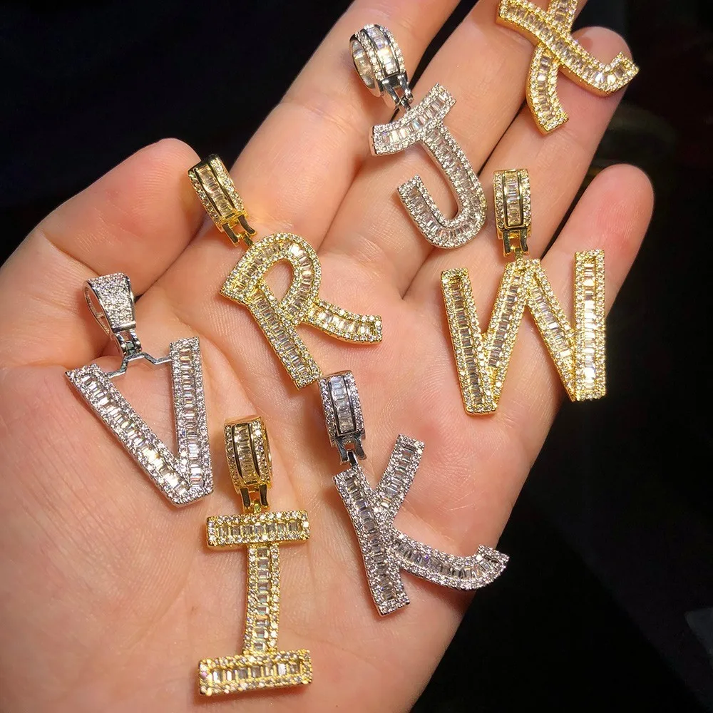 Uwin Cutsom Baguette Letters Name Necklace & Pendant Bling Bling Full Iced Out Luxury Zirconia Tennis Chain HipHop Jewelry