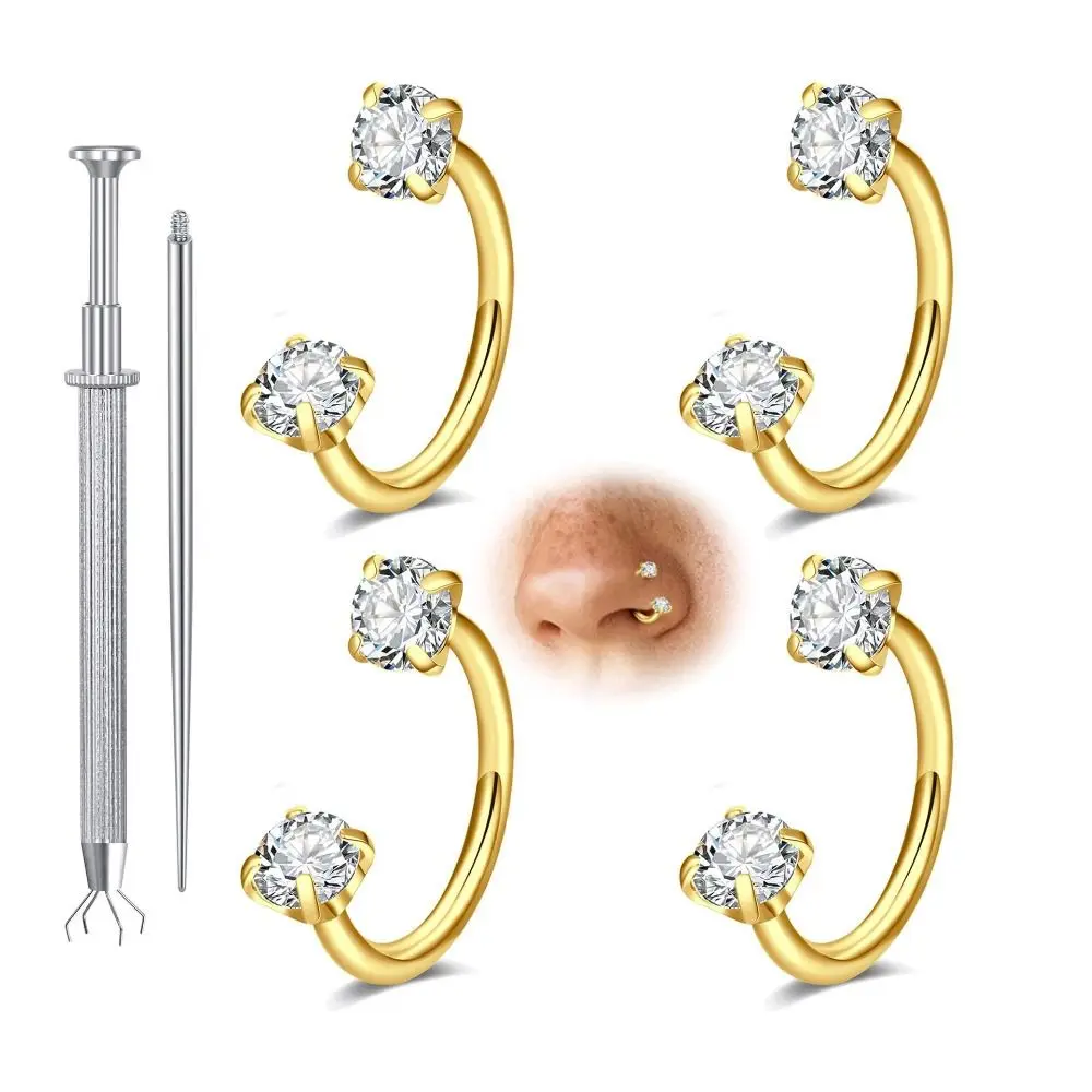 6Pcs Stylish C-shaped Nose Rings Set Hypoallergenic Stainless Steel Earrings Horse Shoe Zirconium Stones Lip Stud Men Jewelry