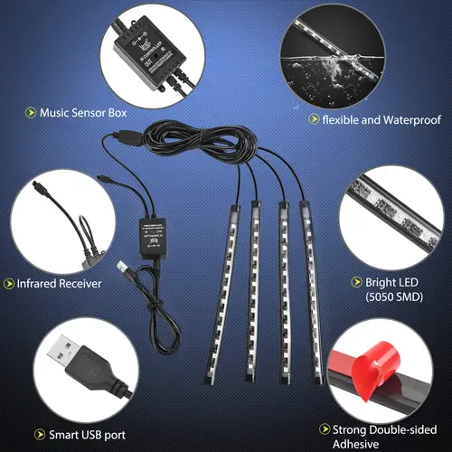 Imagen 2 del producto Tira de luces LED para Interior de coche, Kit de retroiluminación de neón con aplicación remota USB, Control de música, lámparas decorativas RGB automáticas
