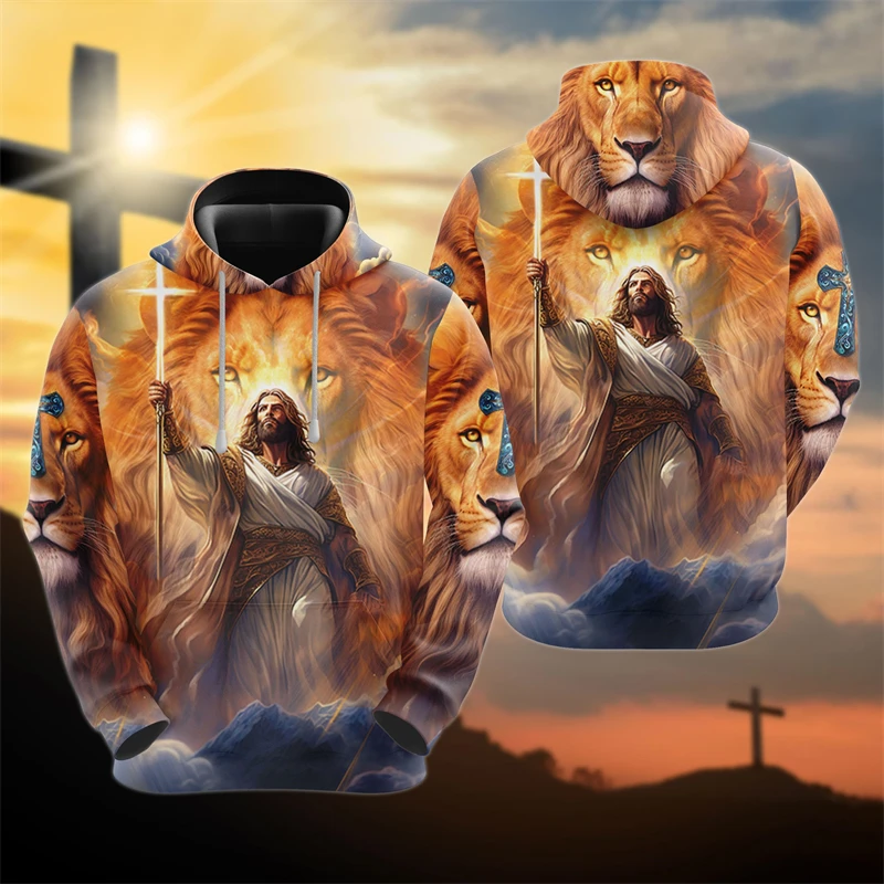 Christian Jesus 3D Print Hoodies For Men Clothes Easter Gifts Tracksuit Animal Lion Pullovers Cross Graphic Sweatshirts Y2k Tops