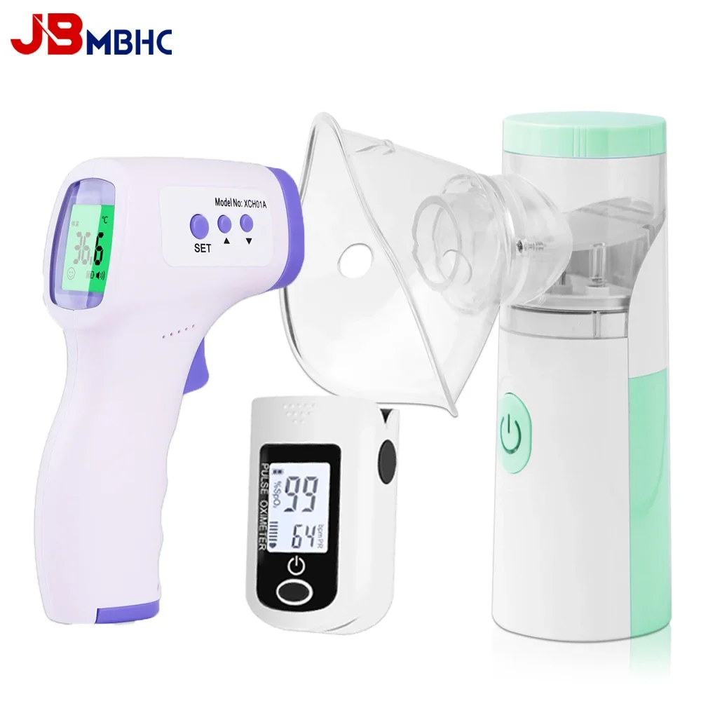 Medical Nebulizer Asthma Inhaler Handhe Inhalator Mini Silent Steam Nasal Humidifier + Finger Pulse Oximeter + Body Thermometer