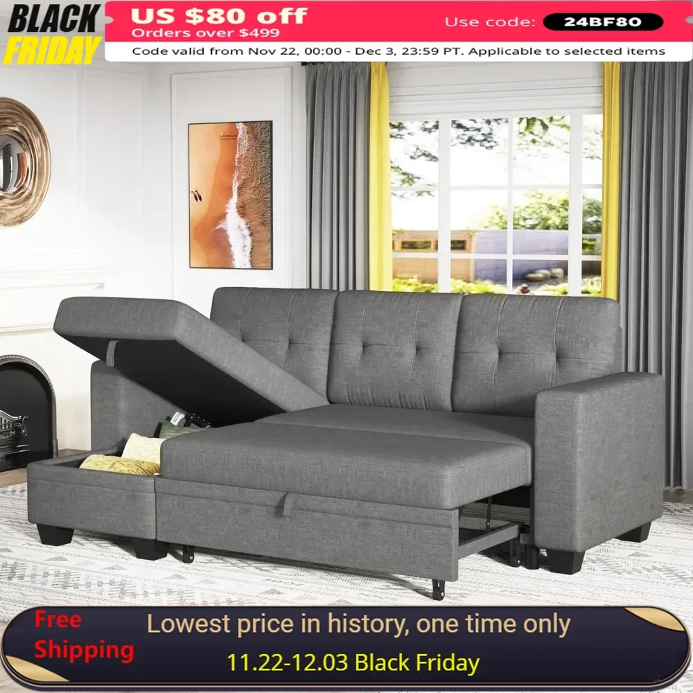 Sofa Bed L Shaped Sectional Couch with Reversible Storage Chaise Lounge, Modern Fabric Pull Out Couch & Couch Bed