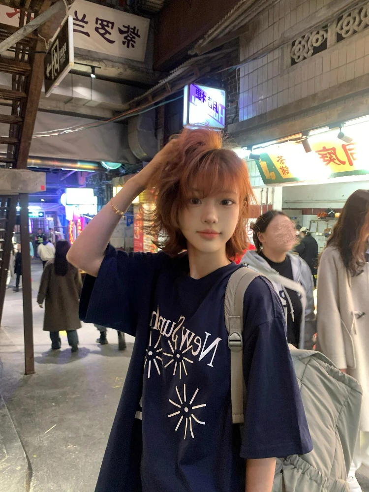 Sakura Casual Cotton Short Sleeve T-Shirt Women's Loose Fit Printed Comfortable Versatile Summer Top Lazy Boy Style