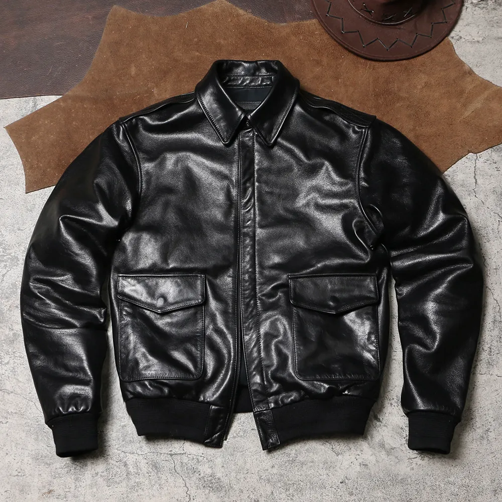 American Vintage A2 Air Force Leather Jacket, Waxed Unfinished Cowhide Biker Coat Unisex Genuine Flight Outerwear