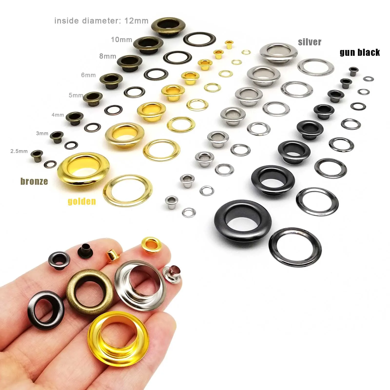 50sets 2,5-12mm Hohe Qualität Metall Öse Mit Unterlegscheibe Tülle Ring Luft Loch Niet Für Leder Tasche schuhe Gürtel Kappe Kleidung 4 Farbe