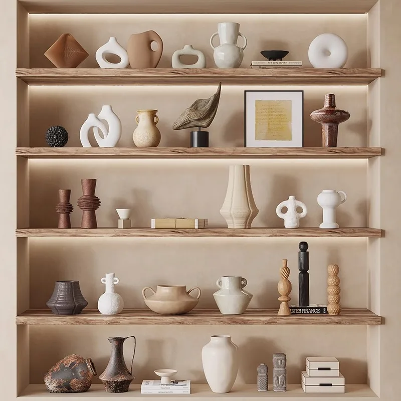 

Wabi-sabi wind large combination ornament ceramic decoration modern retro log wind B & B hotel open grid bookcase decoration