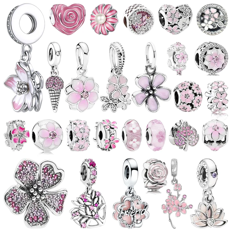 

Hot Sale Pink Flowers Series Charm Beads Daisy Flower Clip Cherry Blossom Rose in Bloom Fit Original Bracelets DIY Jewelry Gifts
