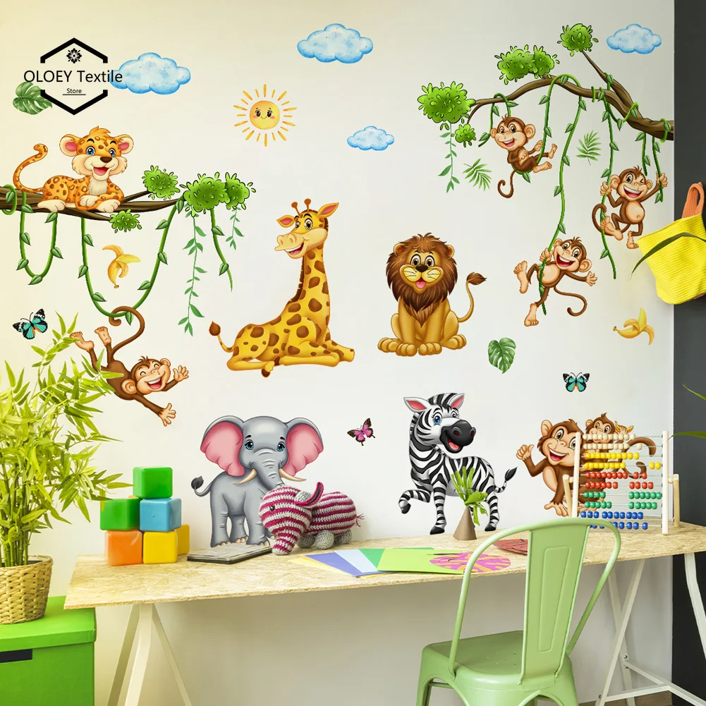 

Cartoon Forest Animal Gathering Wall Stickers Kids Room Background Decor Mural Baby Bedroom Home Decoration Self-adhesive Decals