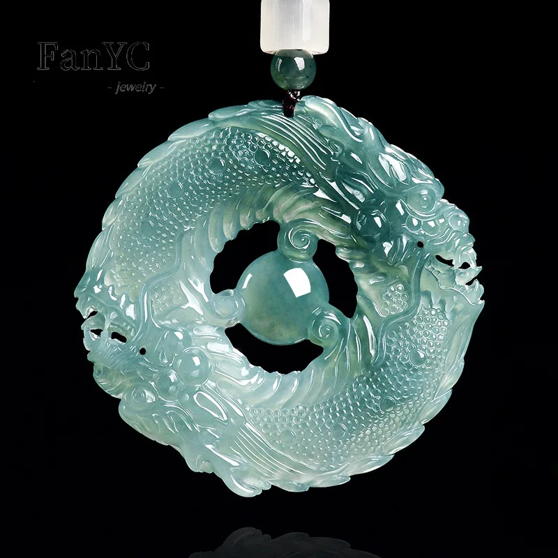 Natural Jadeite Blue Water Double Dragons Playing A Pearl Pendant Openwork Carving High-End Ice-Type Jade Necklace Unisex Gift