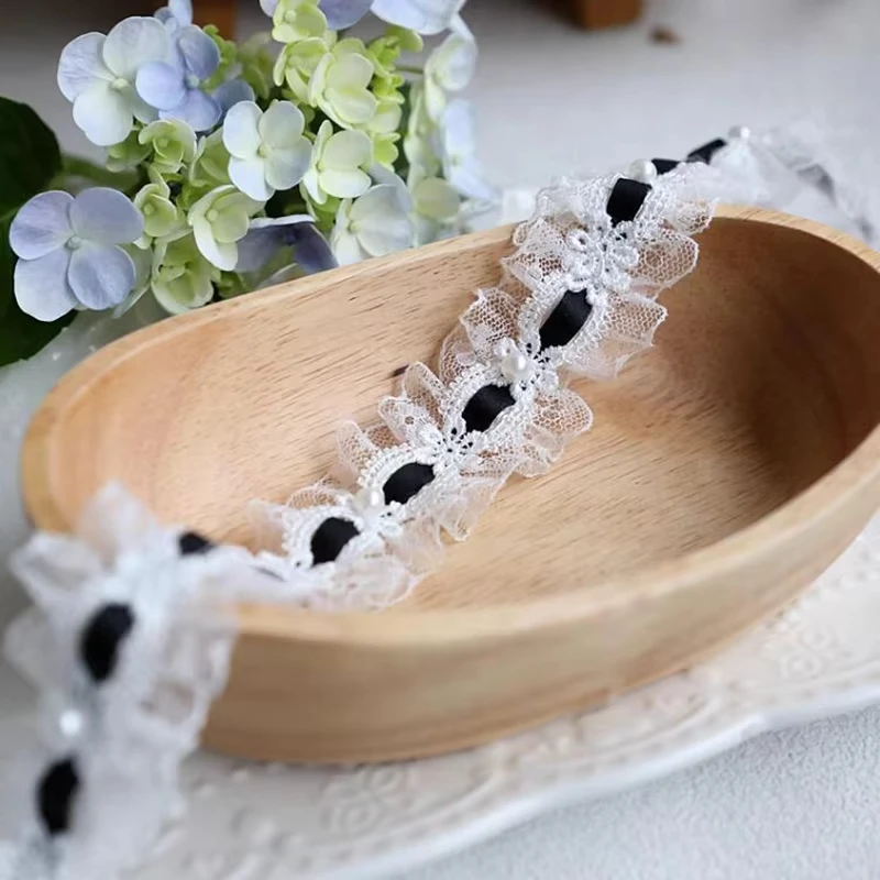 Adorno de encaje de Lolita de 1 yarda con cuentas de marfil, cinta de satén con volantes de 3cm de ancho para ropa DIY, vestido, cortina, decoración de muebles