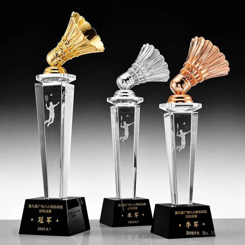 Customized Crystal Trophy for Sports Competition Creative Metal, Gold, Silver, Copper Badminton, High-end Award, Home Decor, 1Pc