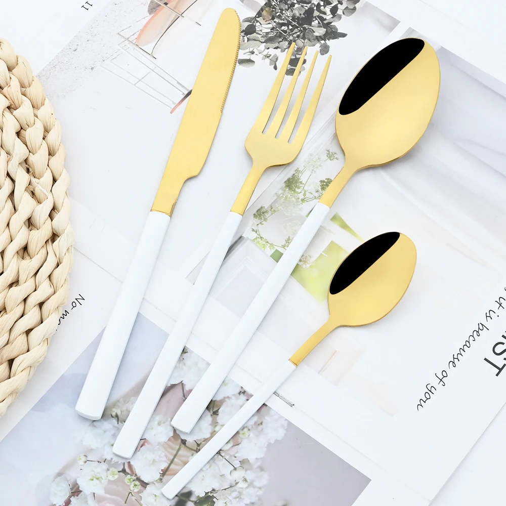 30pcs White Gold Cutlery Set Stainless Steel Dinnerware Set Knife Fork Spoon Tableware Set Western Dessert Fork Spoon Flatware