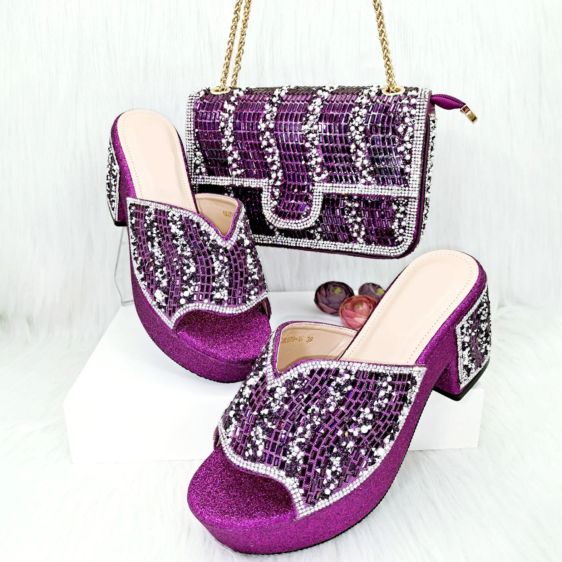 

Beautiful Purple Women Shoes Match Crystal Handbag African Dressing Pumps And Bag Set QSL079,Heel 8CM