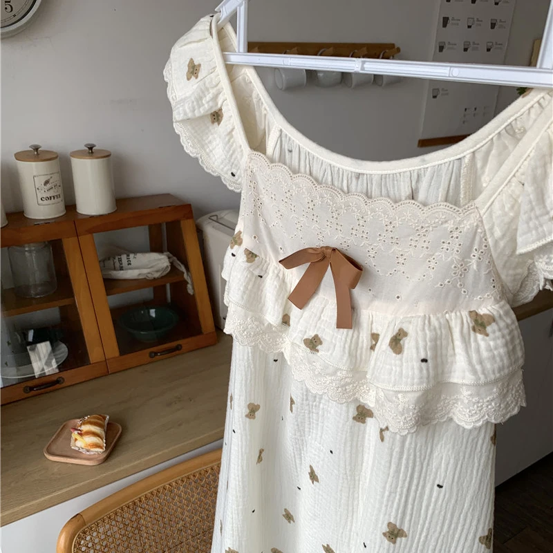 Cartoon Bear Summer Nightgown Women Square Collar Lace Ruffles Long Sleepwear Cotton Night Wear Sleeveless Kawaii Soft Korean