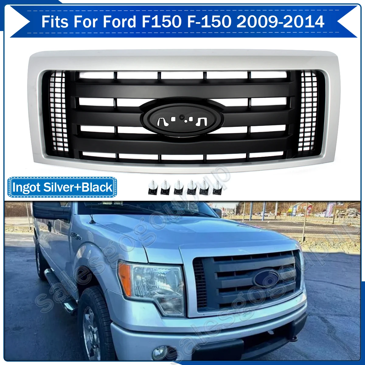 

For 2009-2014 Ford F150 F-150 XL XLT Front Bumper Mesh Grille Ingot Silver&Black