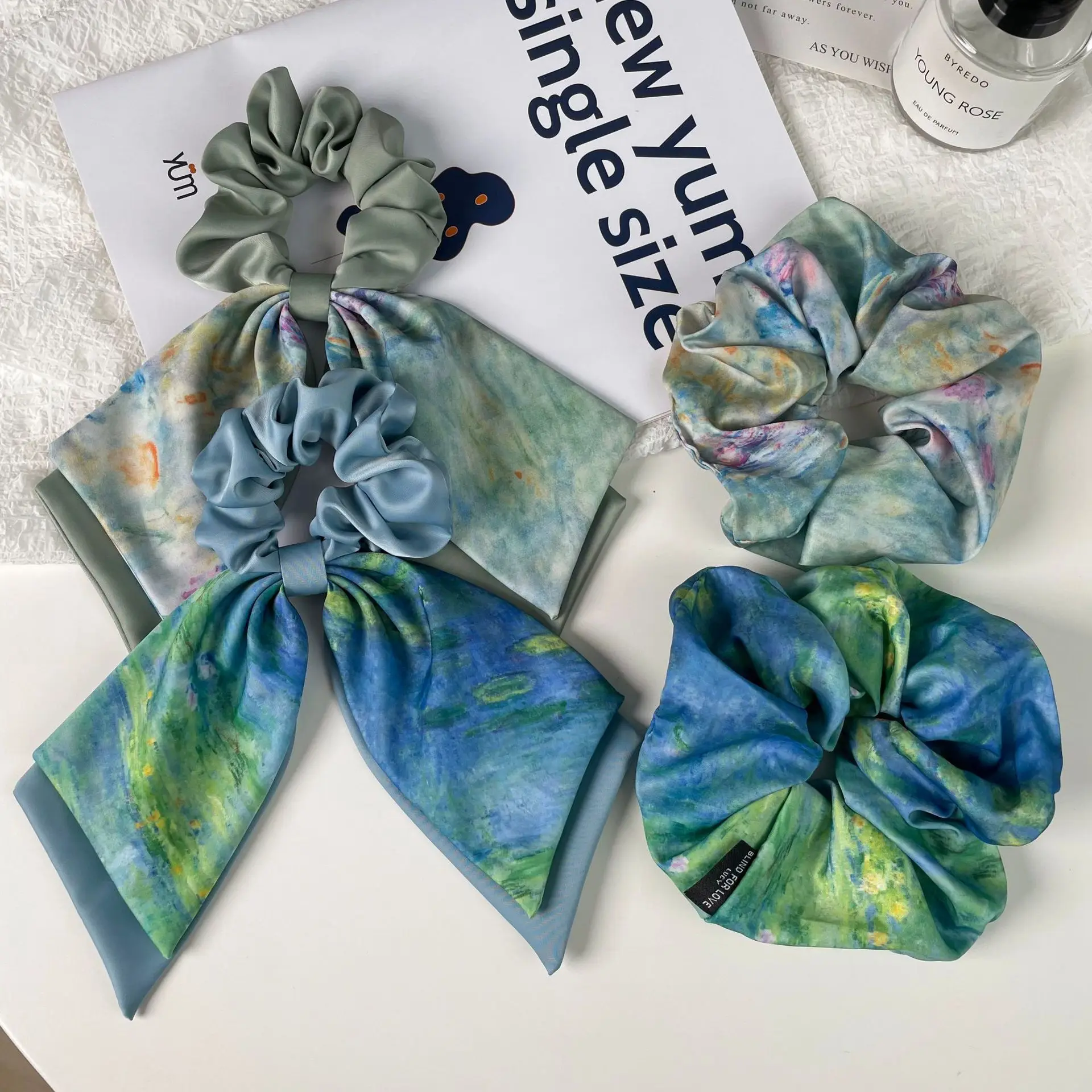 

Monet Water Lilies Oil Painting Ribbon Scrunchies Elegant High Elastic Hair Ties for Women Ponytail Holder Art Style