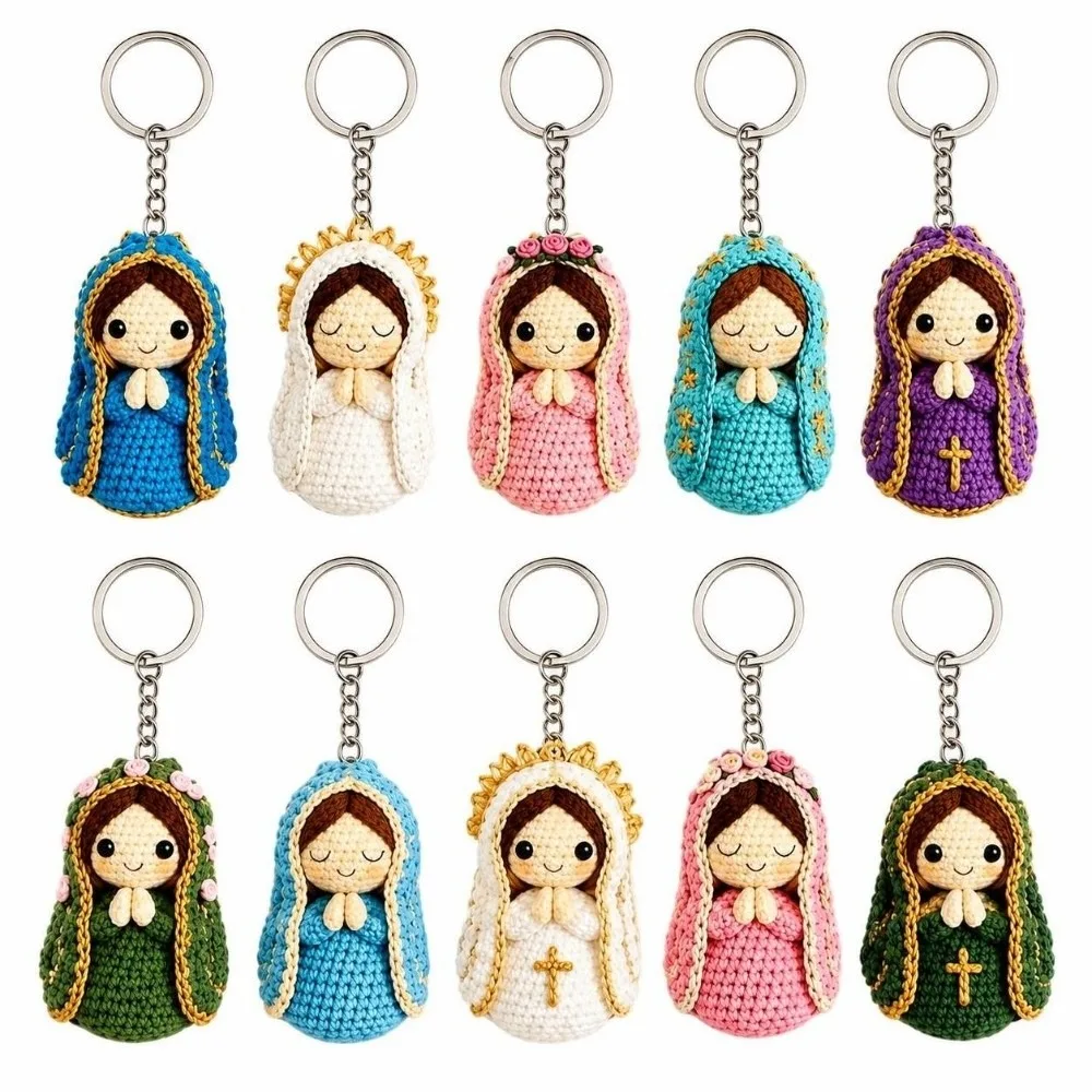 10pcs/set Crochet Style Virgin Mary Keychain Set Knitted Doll Figurine Pendant 2D Flat Acrylic Keychains Kids Gift Religious