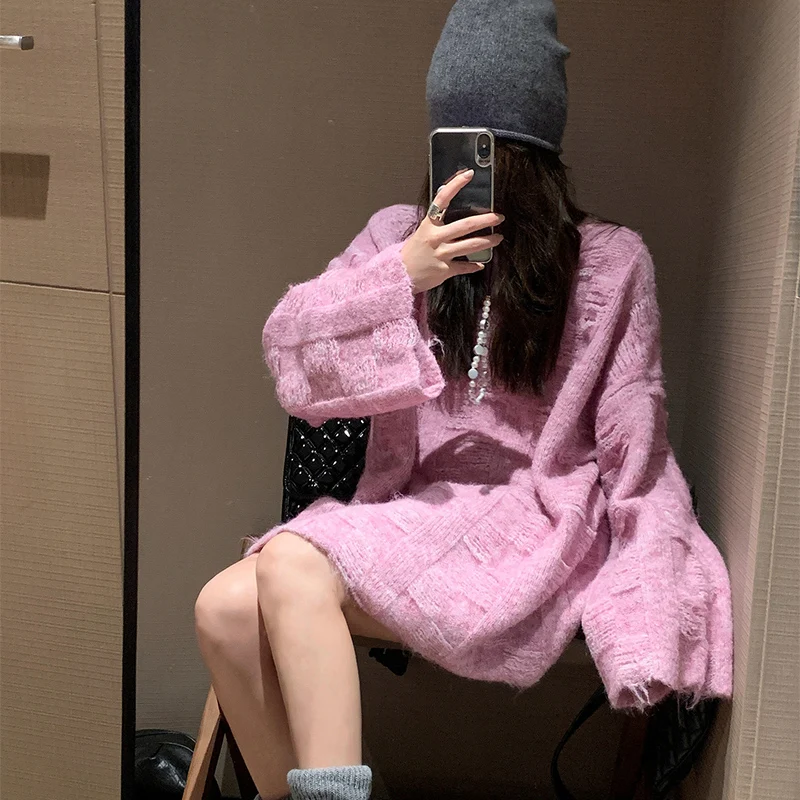 Lazy Style Frayed Sweater Women Autumn Winter Soft Warm Harajuku O-Neck Pullover Sweaters Y2K Trend Knitted Pullovers Tops Woman