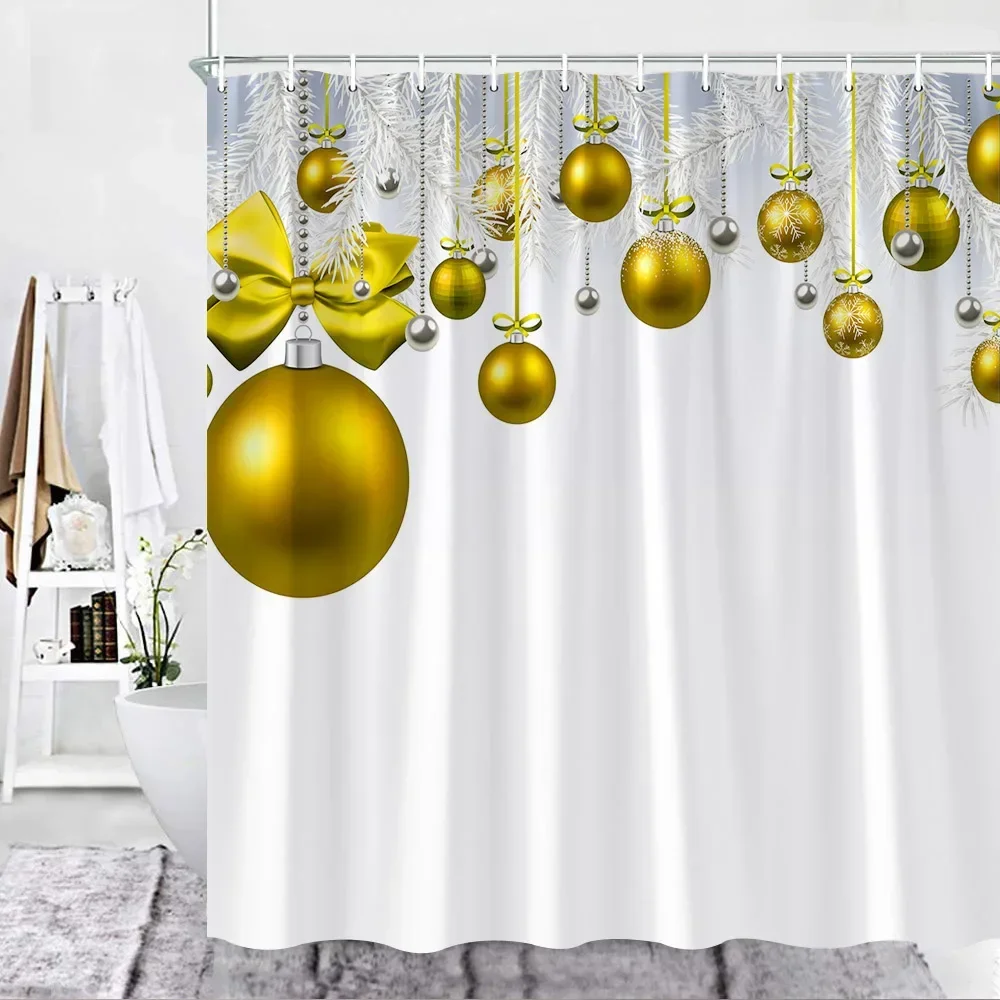 Christmas Shower Curtain Set Red Xmas Balls Fir Christmas Holidays Decor Fabric Hook Bathroom Curtains Bathroom Accessories Sets