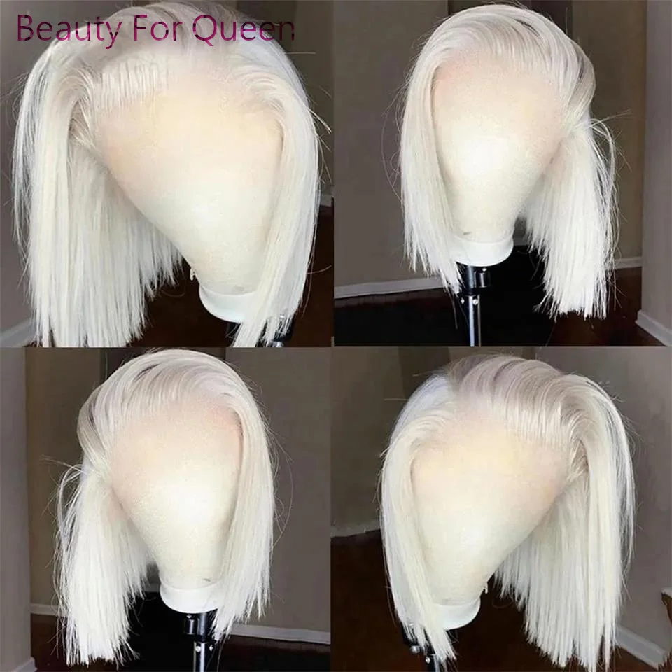 

# 60 Белый, 100% человеческие волосы, платиновый пепельно-русый, короткий парик боб-13x4, кружевной фронтальный, предварительно выщипанный, бразильский, прямой, Remy | Косплей