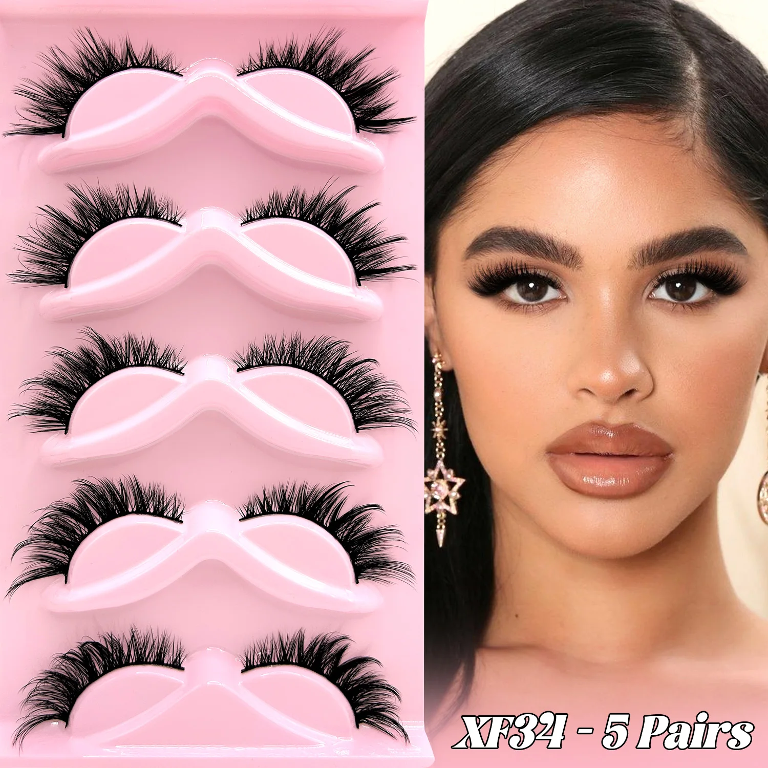 5 Pairs Pre-Glued False Eyelashes D Curl 3D Layered Fluffy Lashes Soft Lightweight Reusable Self Adhesive Strip Lashes