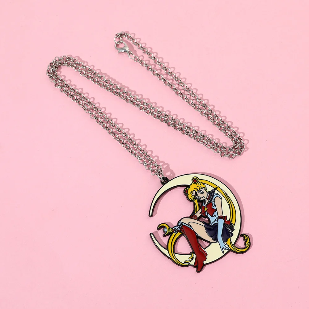 Sweet Anime Metal Enamel Necklace Moon Charm Cartoon Badge Pendant Cosplay Jewelry Accessory for Girls ﻿ - view 5