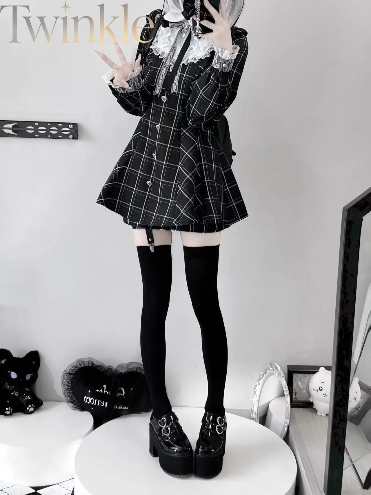 Women's Black and White Plaid Dress Set JK Style Soft Girl Long Sleeve Bow Lace Japanese Kawaii Two-Piece Outfit