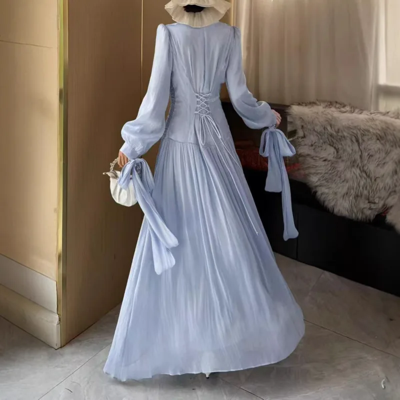 YFPF 우아한 단색 여성 드레스 주름 밴디지 스플라이스 소매 단색 이브닝 파티 롱 드레스 패션 2026 신상