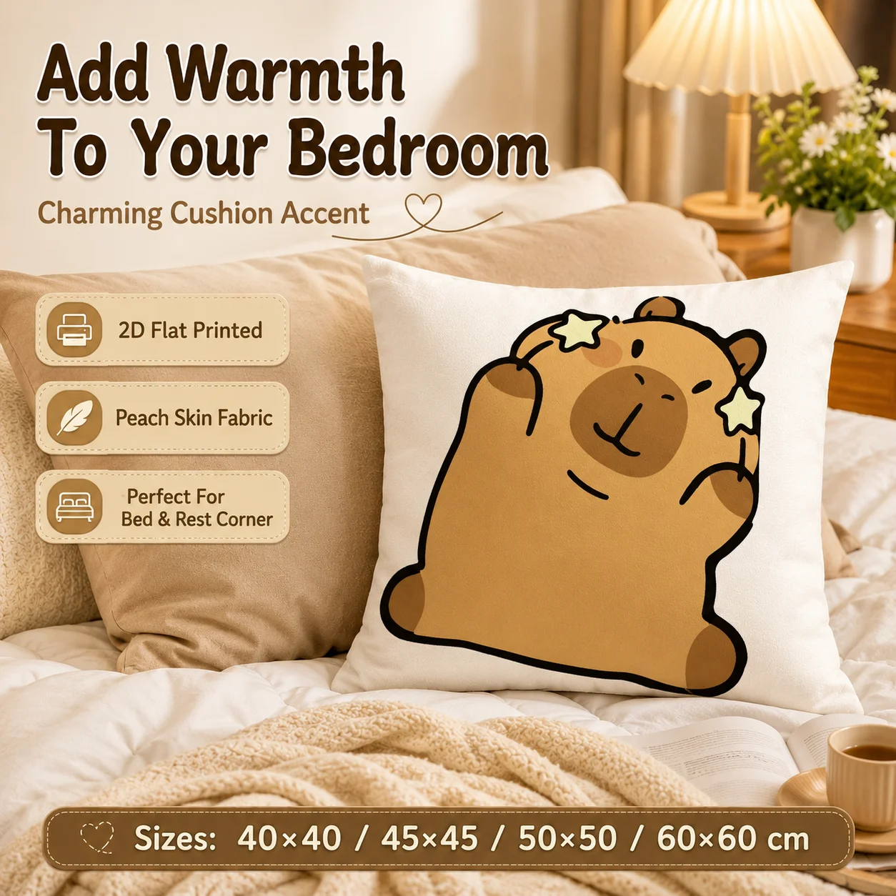 

Cartoon Capybara Pillowcase 2D Flat Printed Peach Skin Throw Cushion Cover For Sofa Bedding Room Cute Animal Decor Accent