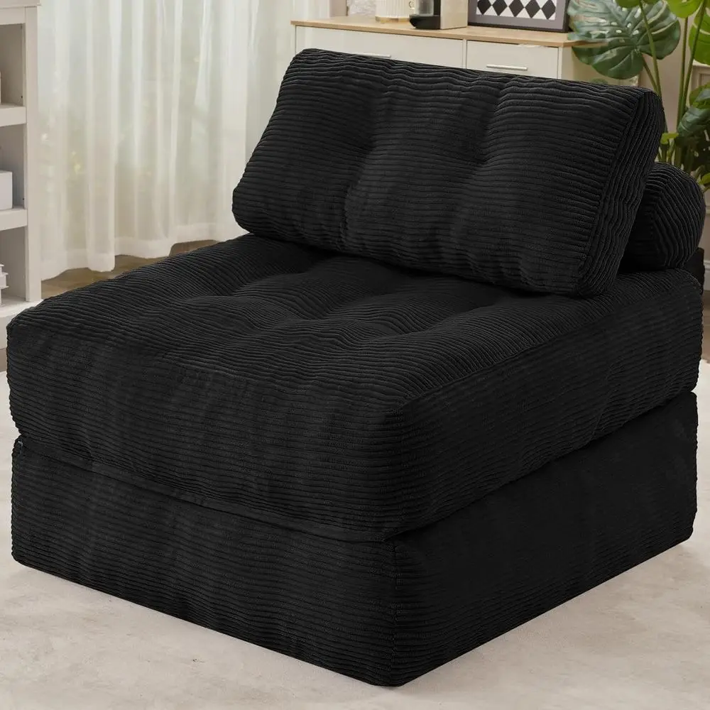 Convertible Sleeper Chair with Dual-Pillow and Handle, Suitable for Living Room, Bedroom, or Office, Black