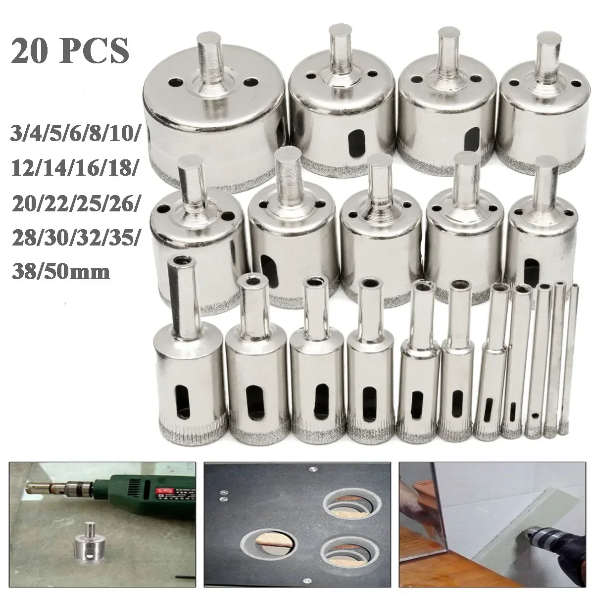 

20 шт./компл., набор сверл с алмазным покрытием, плитка, мрамор, стекло, керамическая кольцевая пила, сверла для электроинструментов 3 мм-50 мм