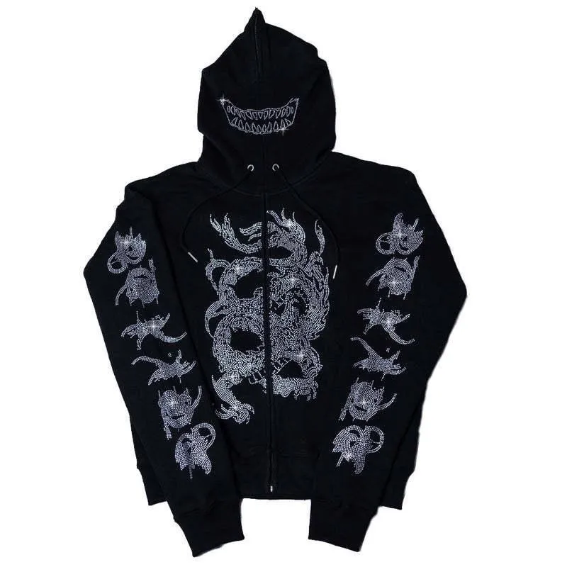 

ZSIIBO Zipper Autumn/Winter Gothic Men's and Women's Clothing Harajuku Fashion Rhinestone Loose Hooded Cardigan Sweater