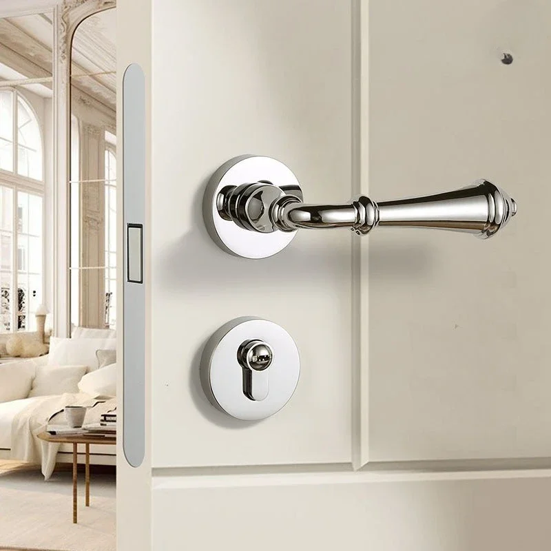 New American Bright Silver Door Lock, Indoor Bedroom Nordic Bright Network Silent Room Door Lock, Magnetic Wood Door Handle Lock