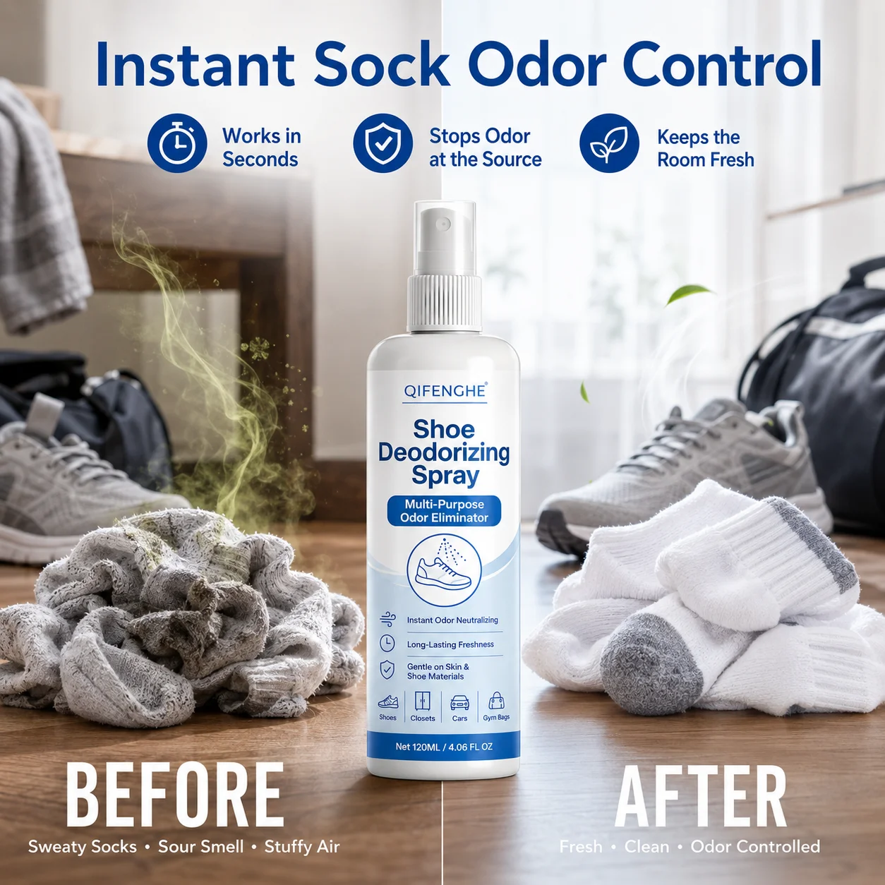QIFENGHE Shoe Deodorizer Spray, Instant Odor Eliminator for Foot Sweat Smell, 120ml Multi-Purpose Freshener for Shoes, Closet, C