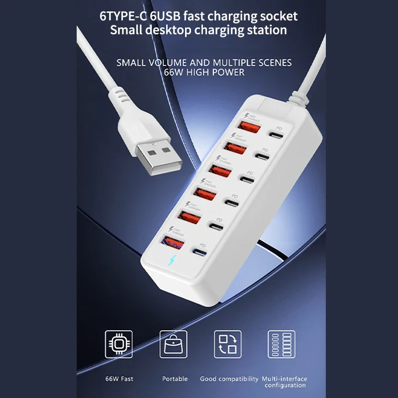 6 USB 6 Type C Charger Power Strip Universal Fast Charging Phone Charger Adapter Electric Socket Extension Cable Table Socket