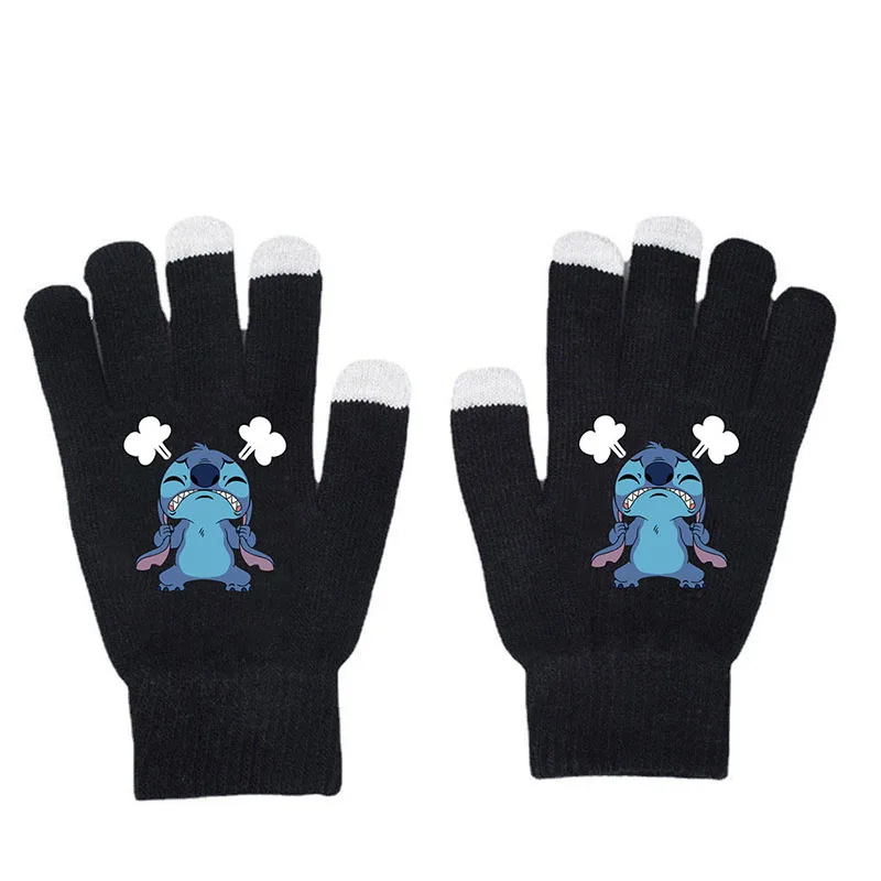 Disney Stitch Warm Cold Proof Gloves Autumn and Winter Warm Touch Screen Gloves Solid Color Printed Black Knitted Funny Gloves