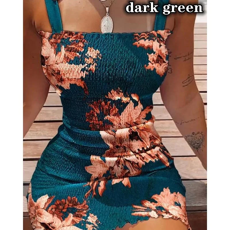 Women Fashion S-3XL Suspenders Sleeveless Printing Smocked Bodycon Dress Female Slim Strapless Mini Dresses Ladies Short Party