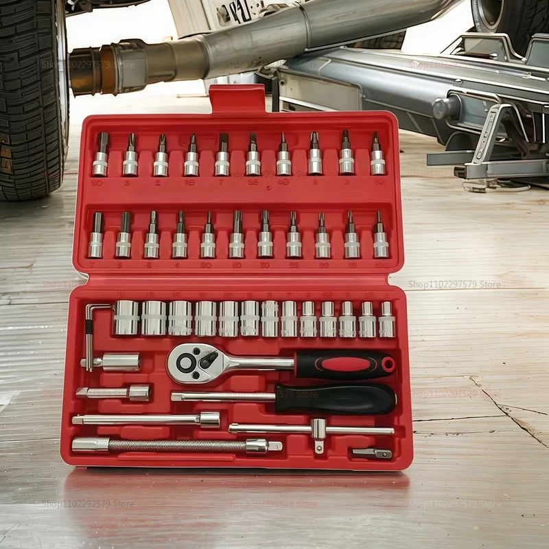 46 peças de conjunto de ferramentas de reparo de carro multifuncional caixa de ferramentas de reparo de carro chave de catraca soquete combinação manga ferramentas motocicleta
