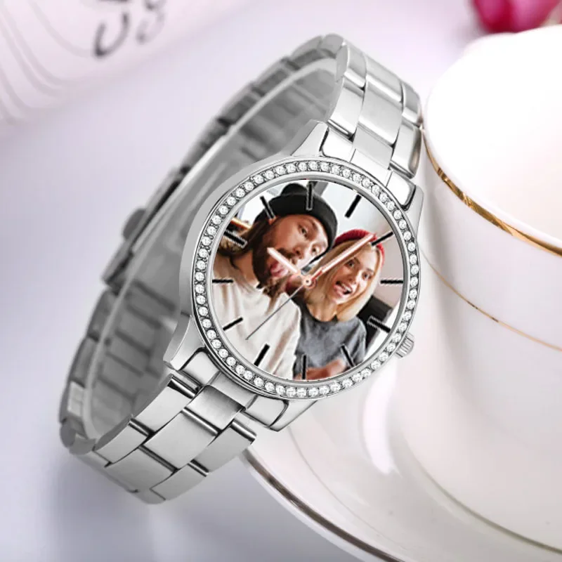 Aangepaste Foto Horloge Print Met Uw Eigen Foto Vrouwen Luxe Polshorloges Strass Diamende Versierde Meisje Voor Vriend