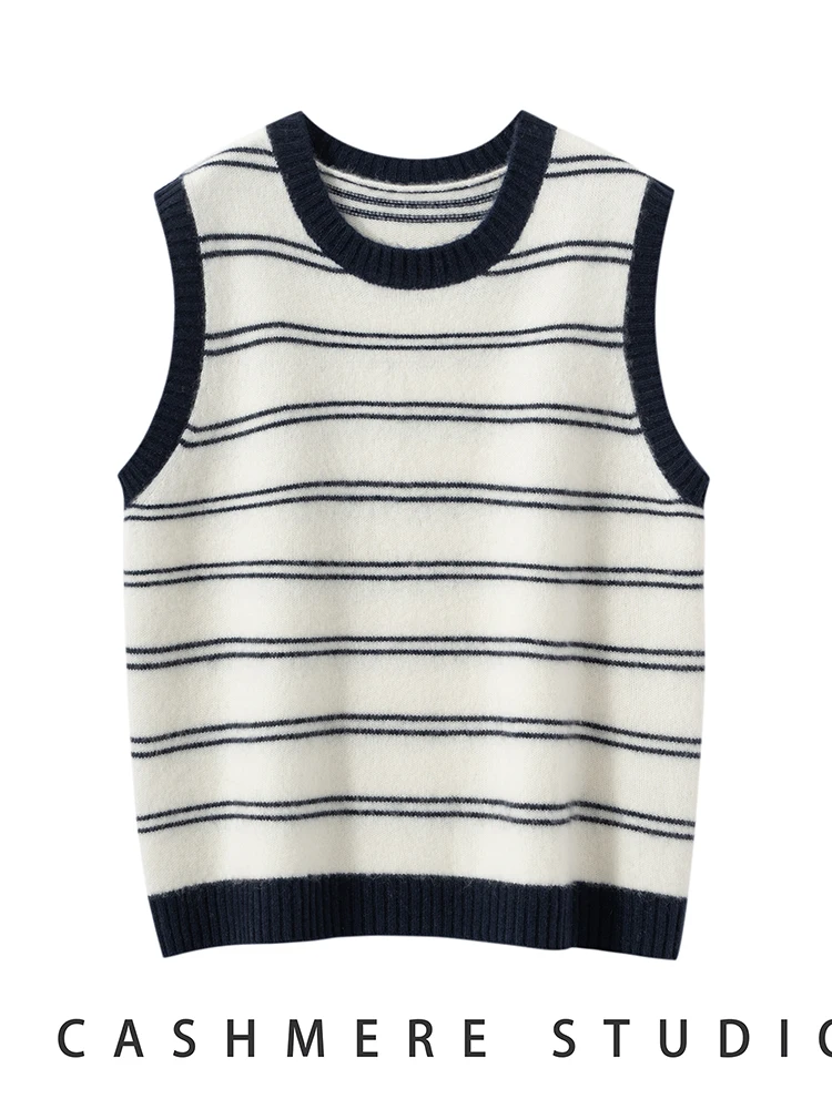 TLOML Autumn Winter Women's 100% Cashmere Sweater O-neck Striped Cashmere Waistcoat Comfy Soft Cashmere Knitwear Sleeveless Tops