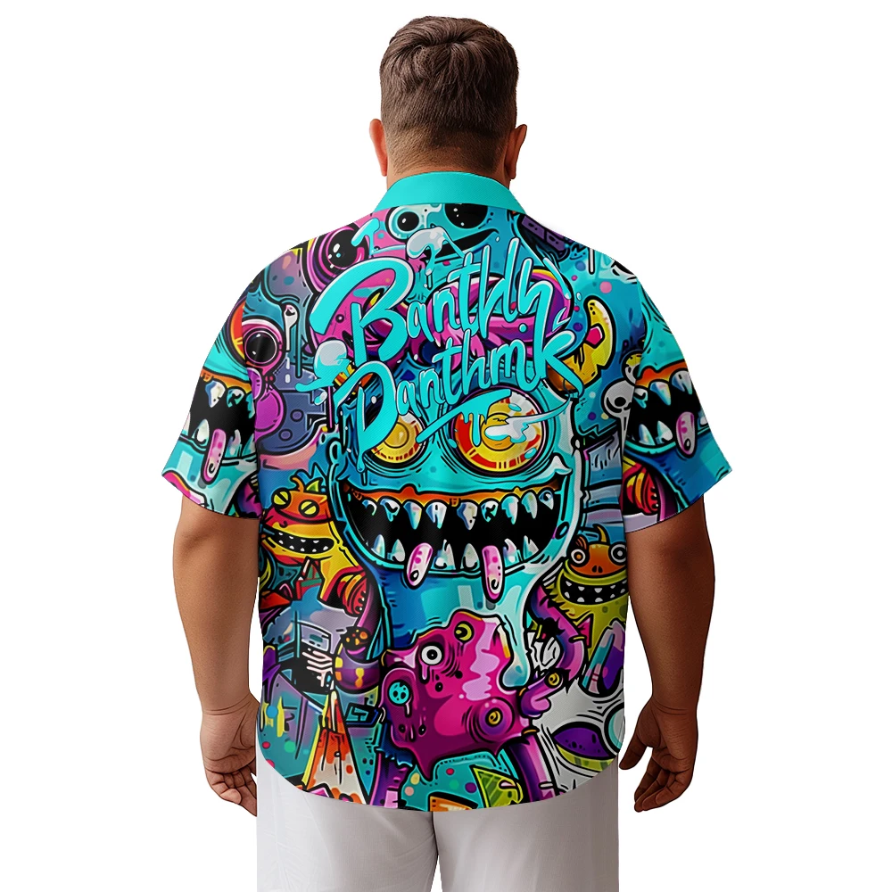 2024 new  Men's shirts plus sizeCartoon horned monster Bazaar printed clothing casual short-sleeved