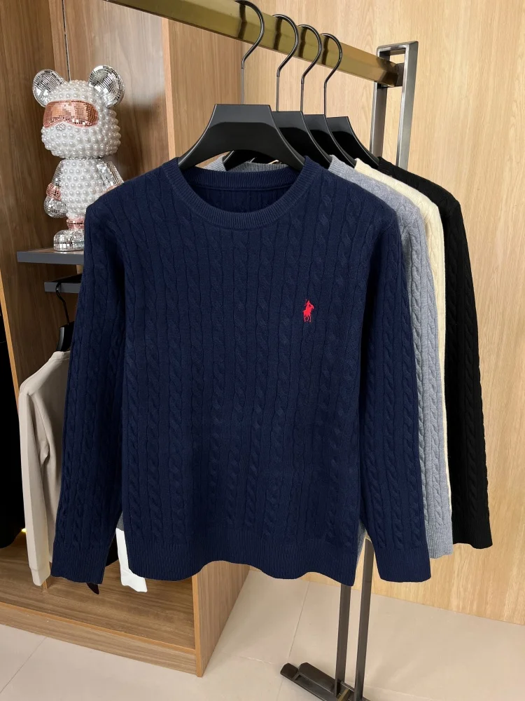 High brand winter new item original exquisite pony embroidery knitted sweater men fashionable velvet warm round pullover sweater