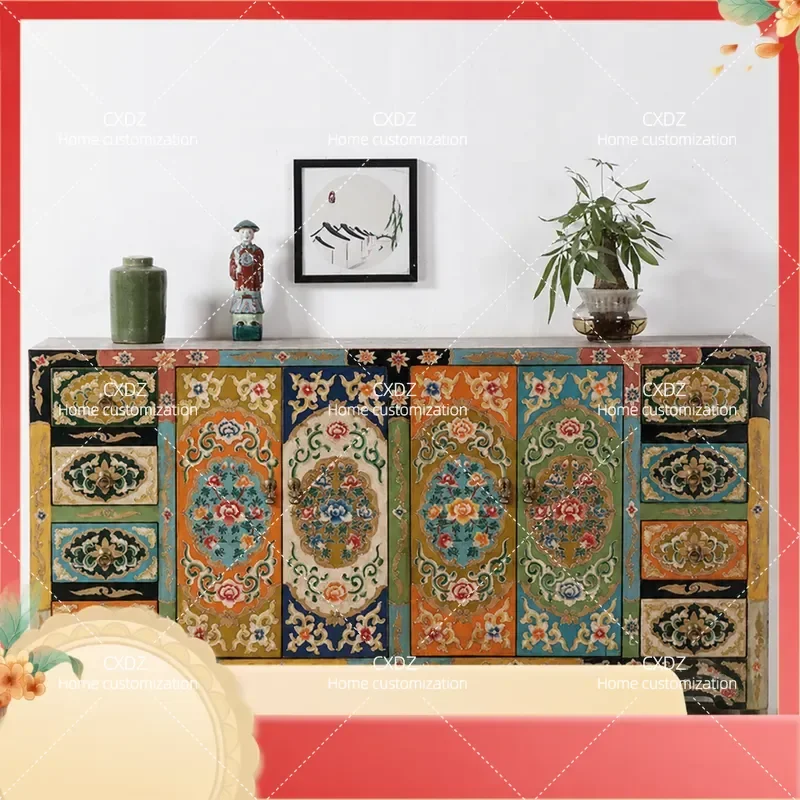 Antique Chinese Solid Wood Hand Painted Porch Cabinet Retro Shoe Storage Sideboard Living Room Decorative Dining Side Cabinet