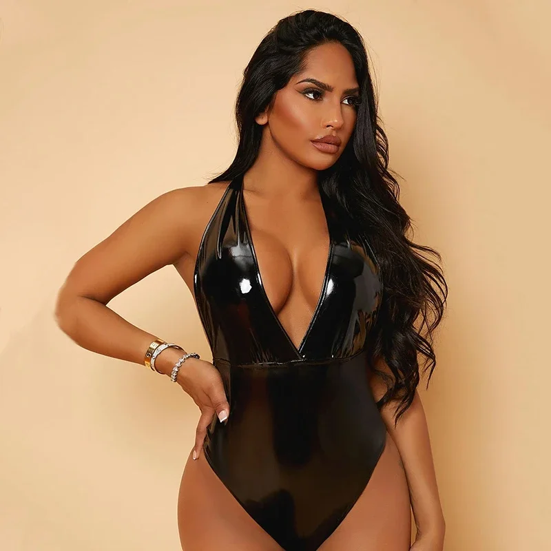 

Sexy Sleeveless Faux Latex Bodysuits Women Shiny PVC Leather Bodycon Jumpsuit Ladies Halter Rompers Nightclub Costume New Custom