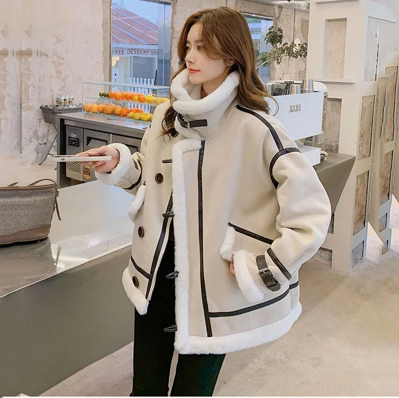 

2024 Autumn Winter Womens Warm Faux Fur Fleece Coat Jacket Female Loose Patchwork Thickened Locomotive Lapel Chic Outwear